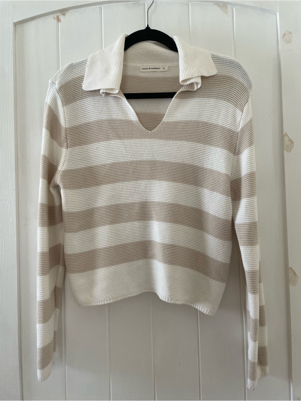 Moon & Madison Cream Beige Striped Polo Cotton Sweater Pullover Top size S